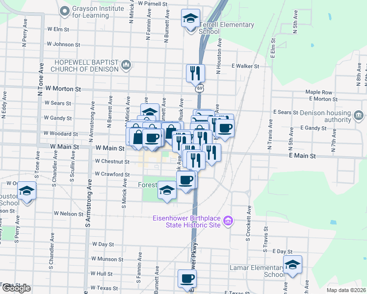 map of restaurants, bars, coffee shops, grocery stores, and more near 231 West Main Street in Denison