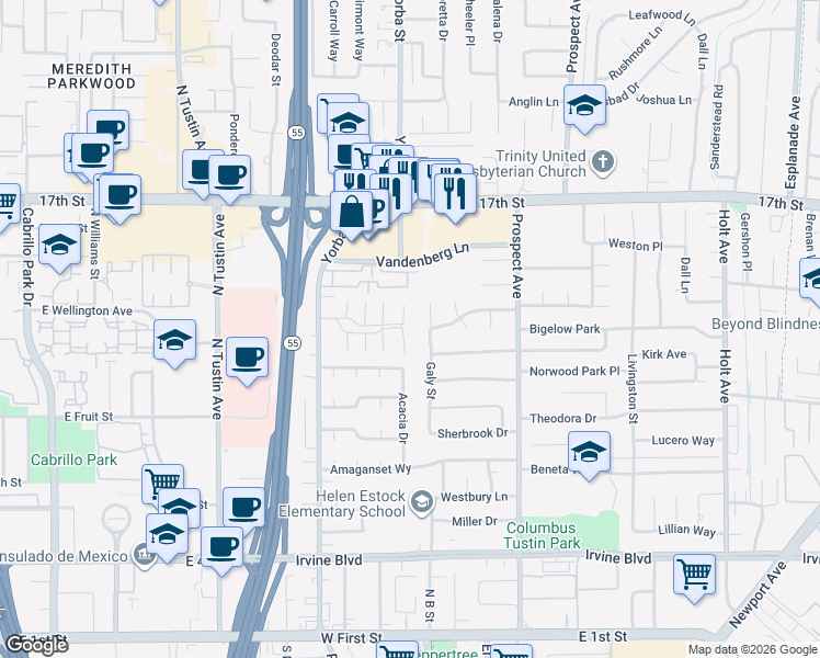 map of restaurants, bars, coffee shops, grocery stores, and more near 14272 Acacia Drive in Tustin