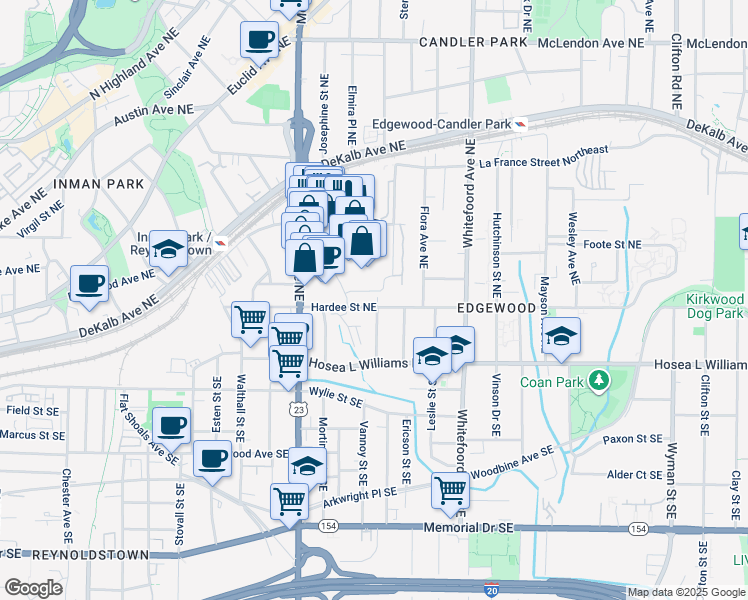 map of restaurants, bars, coffee shops, grocery stores, and more near 1258 Hardee Street Northeast in Atlanta