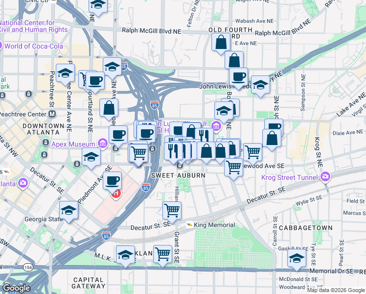 map of restaurants, bars, coffee shops, grocery stores, and more near 348 Auburn Avenue Northeast in Atlanta