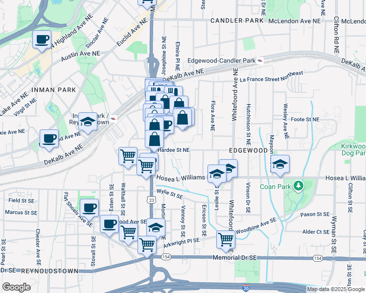 map of restaurants, bars, coffee shops, grocery stores, and more near 1258 Hardee Street Northeast in Atlanta