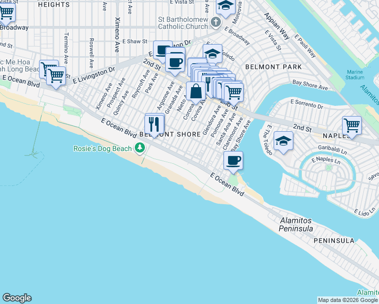 map of restaurants, bars, coffee shops, grocery stores, and more near 26 La Verne Avenue in Long Beach