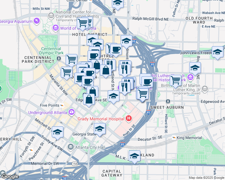 map of restaurants, bars, coffee shops, grocery stores, and more near 44 Courtland Street Northeast in Atlanta