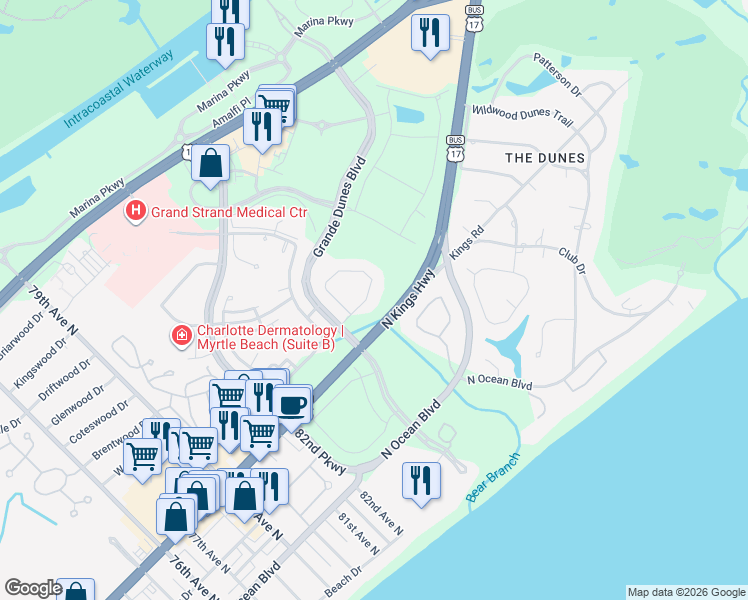 map of restaurants, bars, coffee shops, grocery stores, and more near 394 Posada Drive in Myrtle Beach