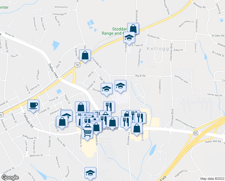 map of restaurants, bars, coffee shops, grocery stores, and more near 8224 Connally Drive in Douglasville