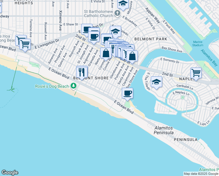 map of restaurants, bars, coffee shops, grocery stores, and more near 70 Pomona Avenue in Long Beach