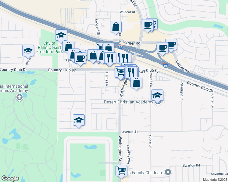 map of restaurants, bars, coffee shops, grocery stores, and more near 40255 Harris Lane in Palm Desert