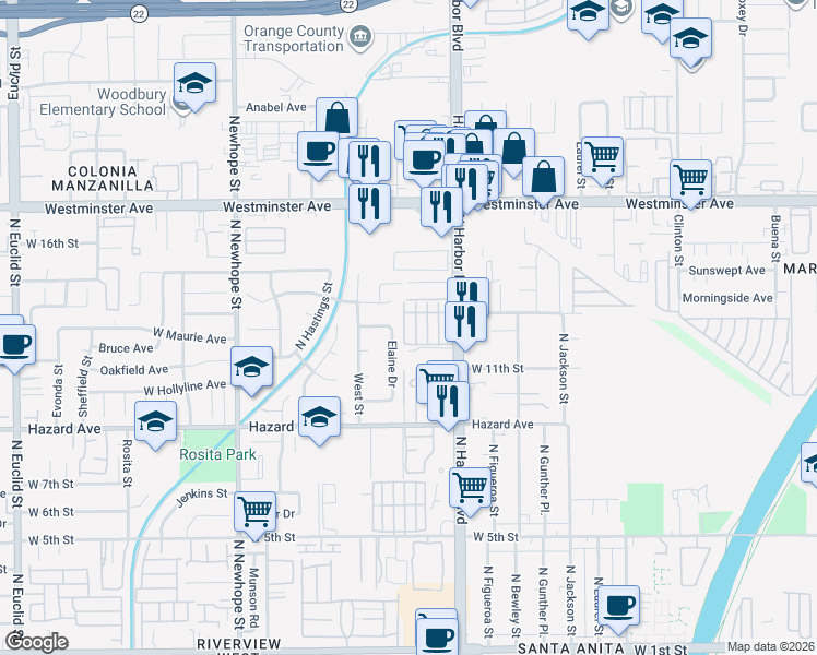 map of restaurants, bars, coffee shops, grocery stores, and more near 1213 Elaine Drive in Santa Ana