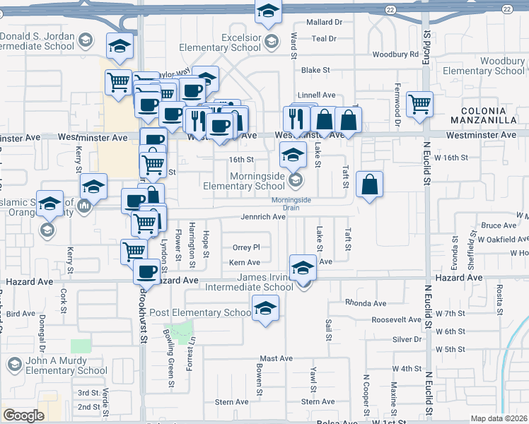 map of restaurants, bars, coffee shops, grocery stores, and more near 10382 Morningside Drive in Garden Grove