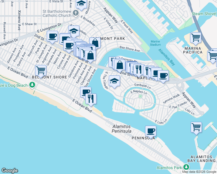 map of restaurants, bars, coffee shops, grocery stores, and more near 115 Venetia Drive in Long Beach