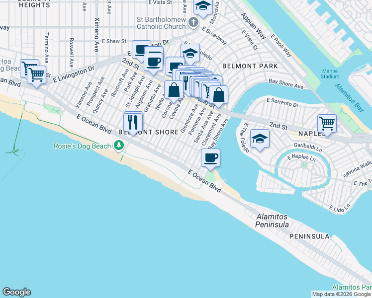 map of restaurants, bars, coffee shops, grocery stores, and more near 70 Pomona Avenue in Long Beach