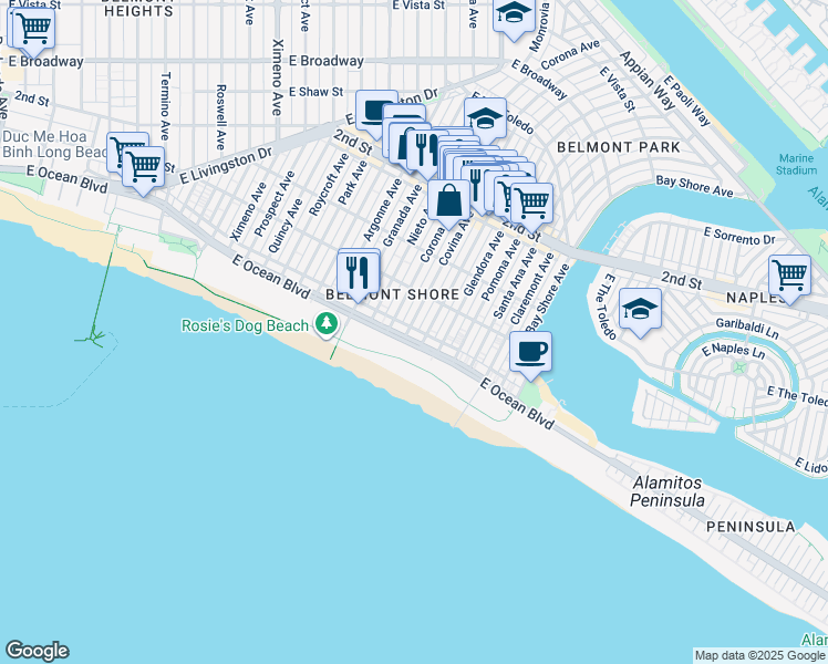 map of restaurants, bars, coffee shops, grocery stores, and more near 5225 East Ocean Boulevard in Long Beach