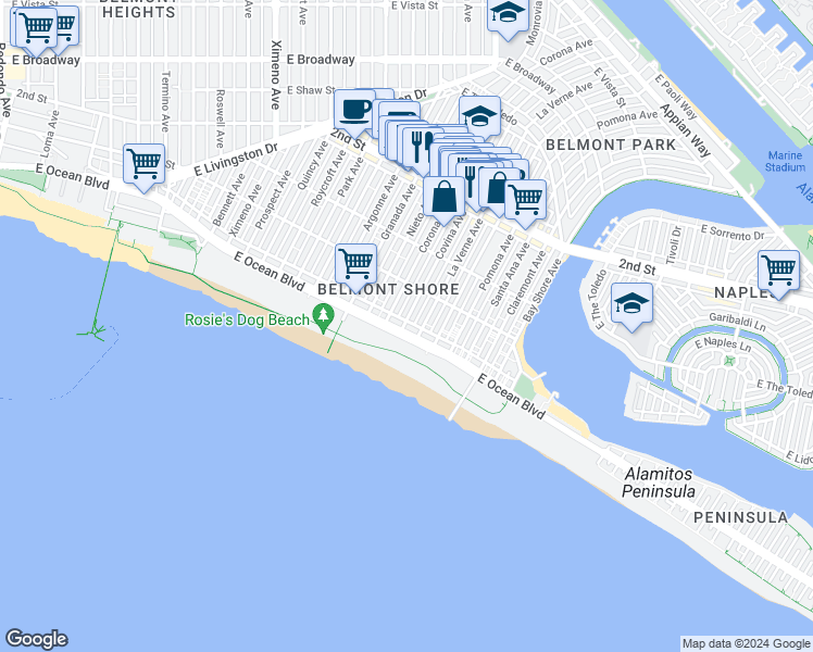map of restaurants, bars, coffee shops, grocery stores, and more near 5225 East Ocean Boulevard in Long Beach