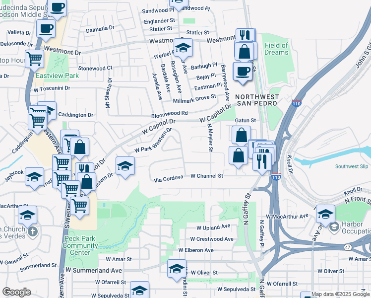 map of restaurants, bars, coffee shops, grocery stores, and more near 1214 North Park Western Drive in Los Angeles
