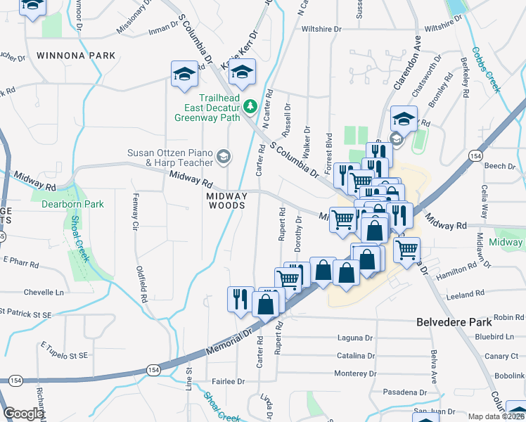 map of restaurants, bars, coffee shops, grocery stores, and more near 1310 Carter Road in Decatur