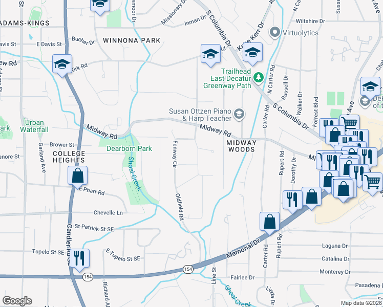 map of restaurants, bars, coffee shops, grocery stores, and more near 1315 Oldfield Road in Decatur