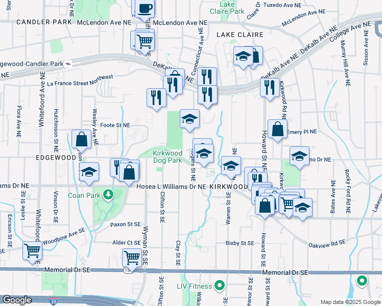map of restaurants, bars, coffee shops, grocery stores, and more near 1721 Edgehill Manor Street Northeast in Atlanta