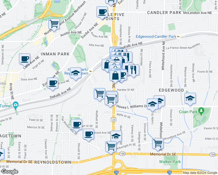 map of restaurants, bars, coffee shops, grocery stores, and more near 1161 Wade Street Northeast in Atlanta