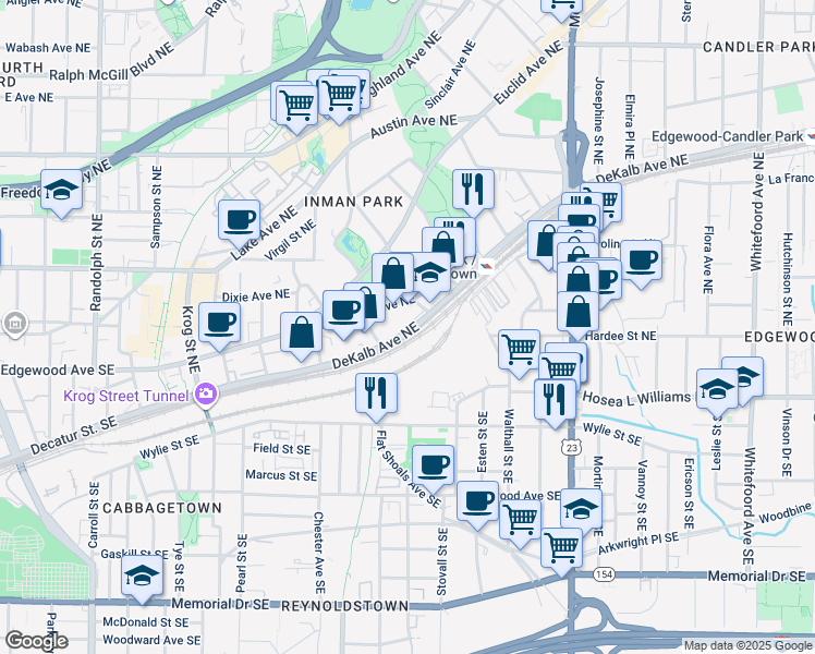 map of restaurants, bars, coffee shops, grocery stores, and more near 982 DeKalb Avenue Northeast in Atlanta