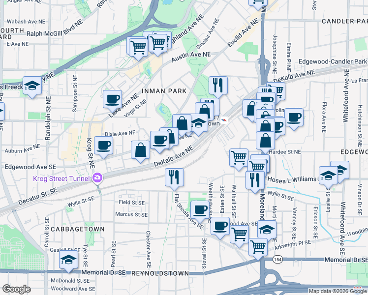 map of restaurants, bars, coffee shops, grocery stores, and more near 982 DeKalb Avenue Northeast in Atlanta