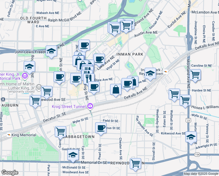 map of restaurants, bars, coffee shops, grocery stores, and more near 70 Spruce Street Northeast in Atlanta