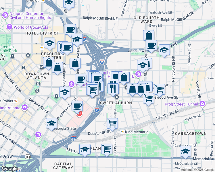 map of restaurants, bars, coffee shops, grocery stores, and more near 302 Auburn Avenue Northeast in Atlanta