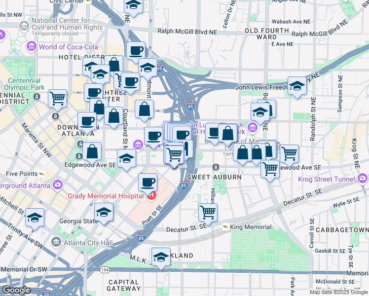 map of restaurants, bars, coffee shops, grocery stores, and more near 260 Auburn Avenue Northeast in Atlanta