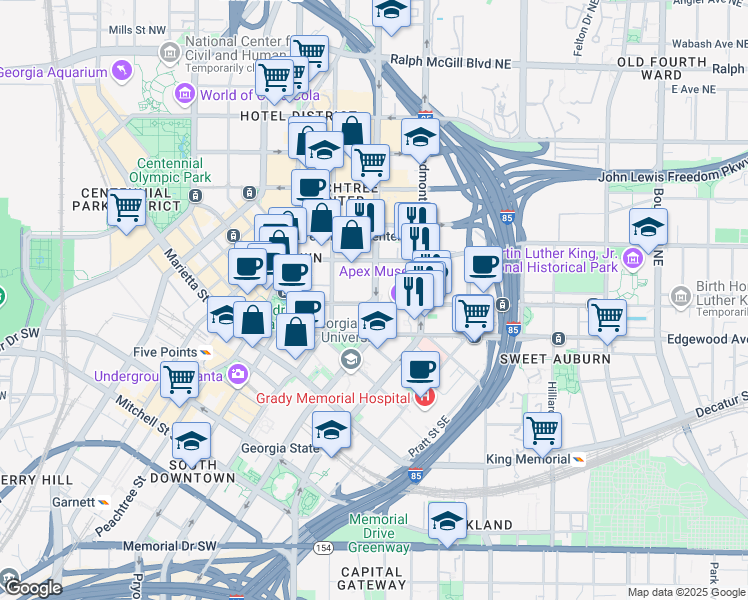 map of restaurants, bars, coffee shops, grocery stores, and more near 100 Auburn Avenue Northeast in Atlanta