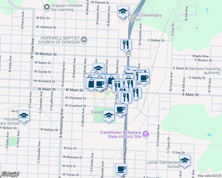 map of restaurants, bars, coffee shops, grocery stores, and more near 310 West Woodard Street in Denison