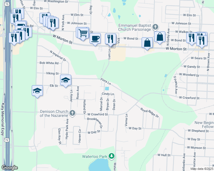map of restaurants, bars, coffee shops, grocery stores, and more near 2224 Flora Lane in Denison
