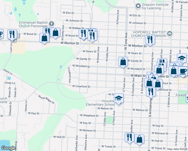 map of restaurants, bars, coffee shops, grocery stores, and more near 1421 West Main Street in Denison