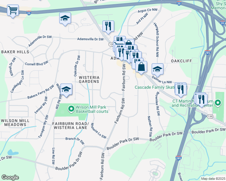 map of restaurants, bars, coffee shops, grocery stores, and more near 3845 Kenner Drive Southwest in Atlanta