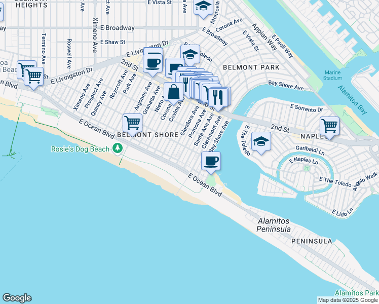 map of restaurants, bars, coffee shops, grocery stores, and more near 70 Pomona Avenue in Long Beach