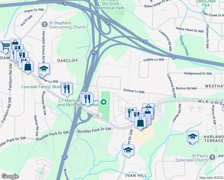 map of restaurants, bars, coffee shops, grocery stores, and more near 3164 Delmar Lane Northwest in Atlanta