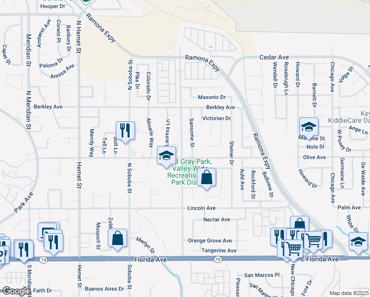 map of restaurants, bars, coffee shops, grocery stores, and more near 25186 North Lake Street in Hemet