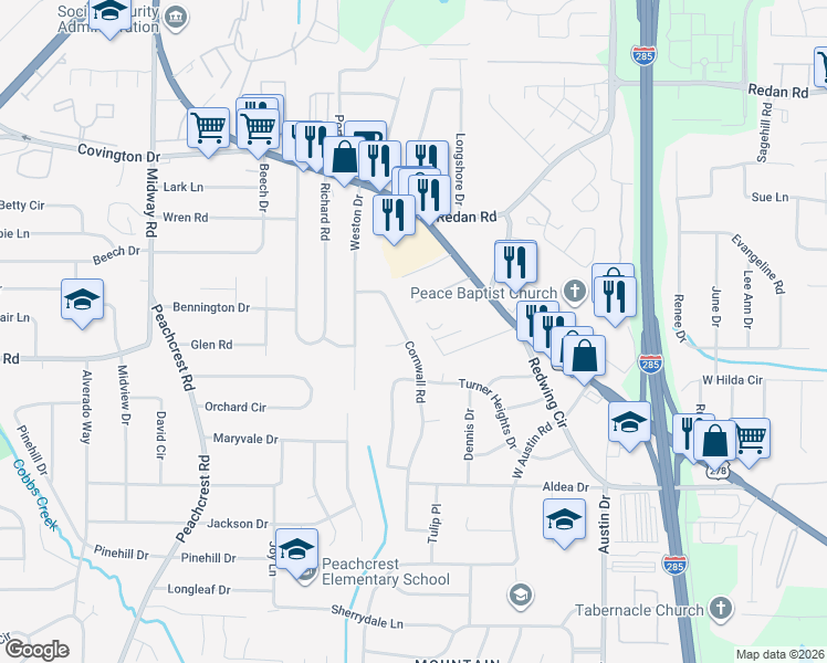 map of restaurants, bars, coffee shops, grocery stores, and more near 1296 Cornwall Road in Decatur