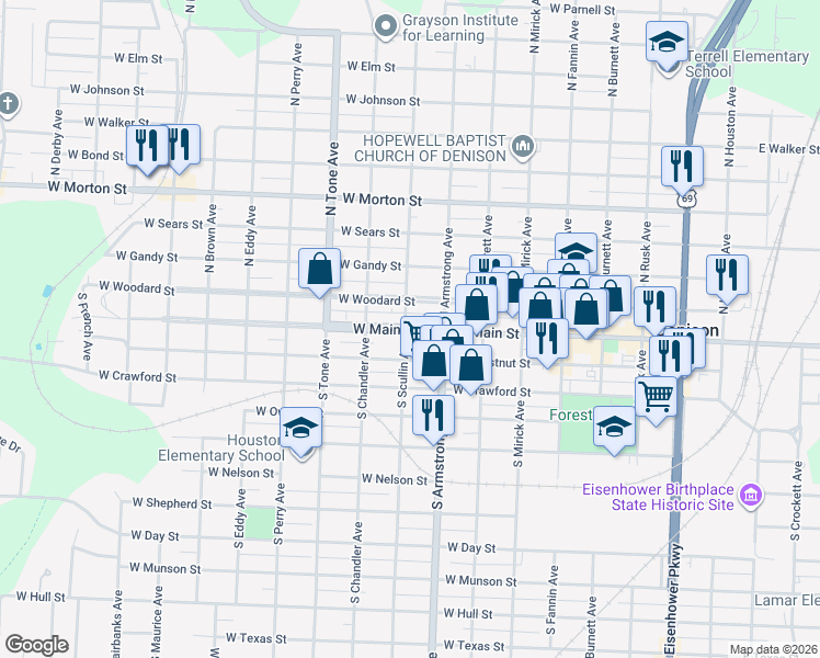 map of restaurants, bars, coffee shops, grocery stores, and more near 827 West Main Street in Denison
