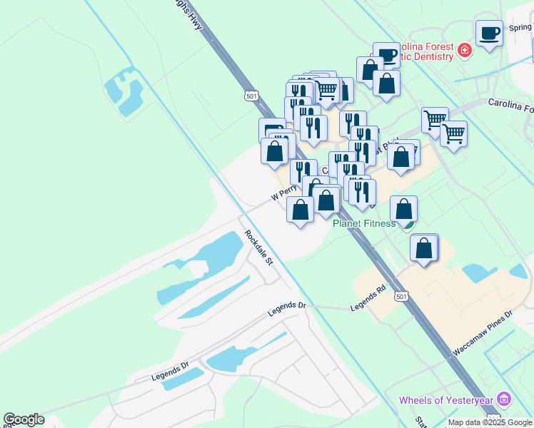 map of restaurants, bars, coffee shops, grocery stores, and more near 117 West Perry Road in Myrtle Beach