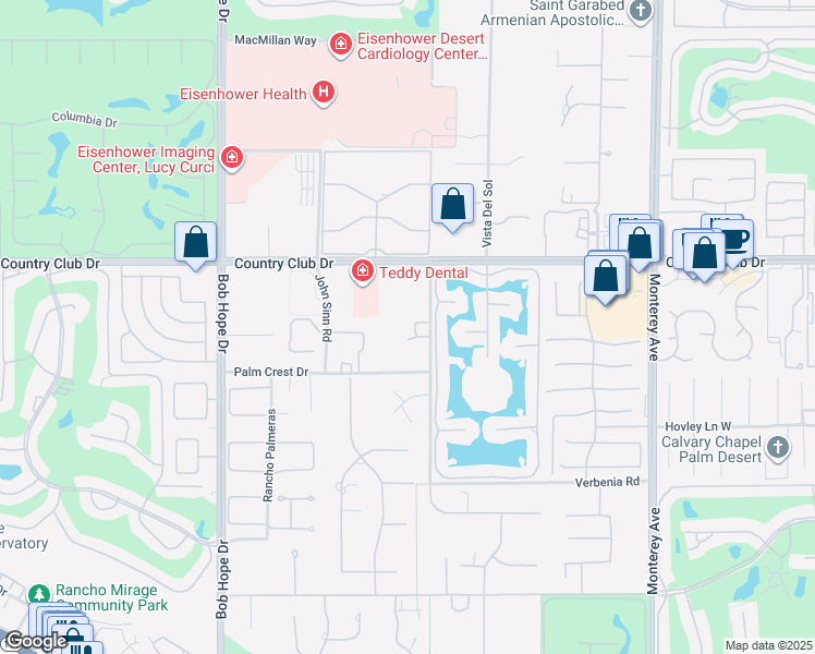 map of restaurants, bars, coffee shops, grocery stores, and more near 40315 Cholla Lane in Rancho Mirage