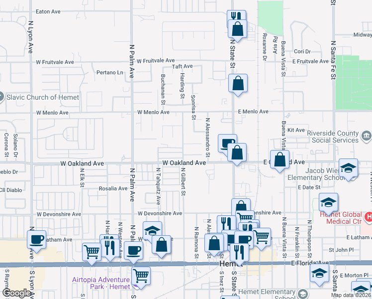 map of restaurants, bars, coffee shops, grocery stores, and more near 558 North Gilbert Street in Hemet