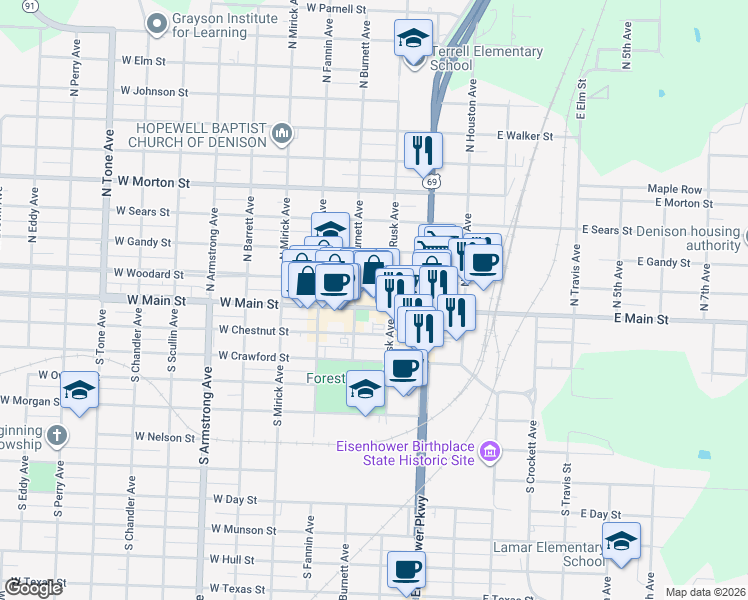 map of restaurants, bars, coffee shops, grocery stores, and more near 310 West Woodard Street in Denison