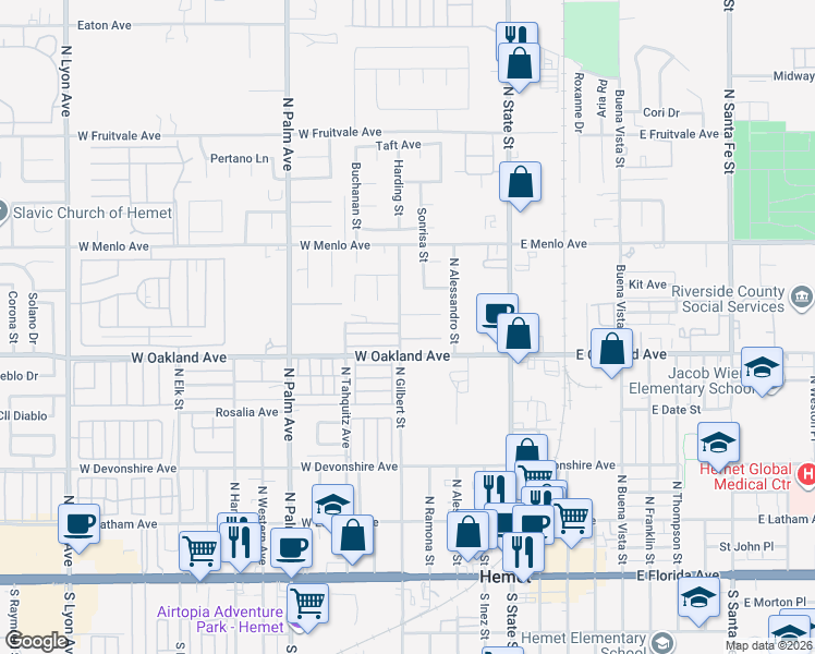 map of restaurants, bars, coffee shops, grocery stores, and more near 558 North Gilbert Street in Hemet