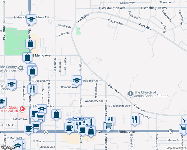 map of restaurants, bars, coffee shops, grocery stores, and more near 2335 Park Avenue in Hemet