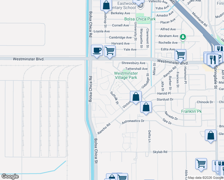map of restaurants, bars, coffee shops, grocery stores, and more near 14282 Suffolk Street in Westminster