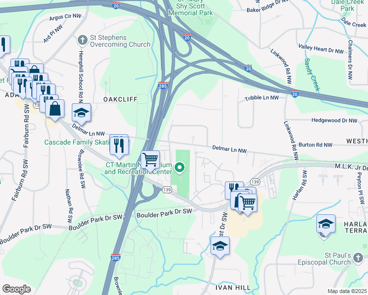 map of restaurants, bars, coffee shops, grocery stores, and more near 3188 Delmar Lane Northwest in Atlanta