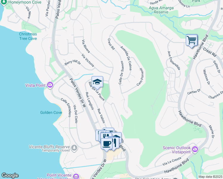 map of restaurants, bars, coffee shops, grocery stores, and more near 30540 Vía Rivera in Rancho Palos Verdes