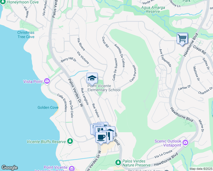 map of restaurants, bars, coffee shops, grocery stores, and more near 30540 Vía Rivera in Rancho Palos Verdes