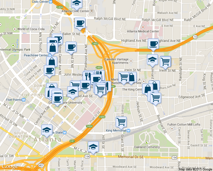 map of restaurants, bars, coffee shops, grocery stores, and more near 260 Auburn Avenue Northeast in Atlanta