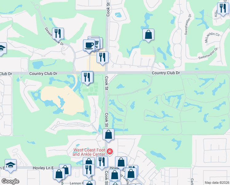 map of restaurants, bars, coffee shops, grocery stores, and more near 74 Old Ranch Road in Palm Desert