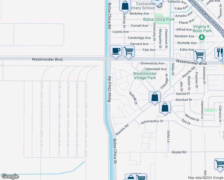 map of restaurants, bars, coffee shops, grocery stores, and more near 14256 Bolsa Chica Street in Westminster